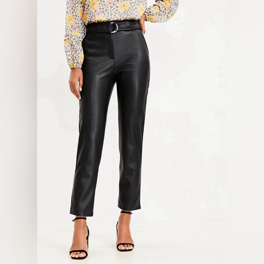 LOFT Faux Leather Belted Slim Taper Trouser Pants 14 NWT
